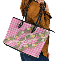 Aloha Puakenikeni Anthurium Pikake Lei Leather Tote Bag Tropical Pink Hawaiian Palaka Pattern LT9 - Polynesian Pride