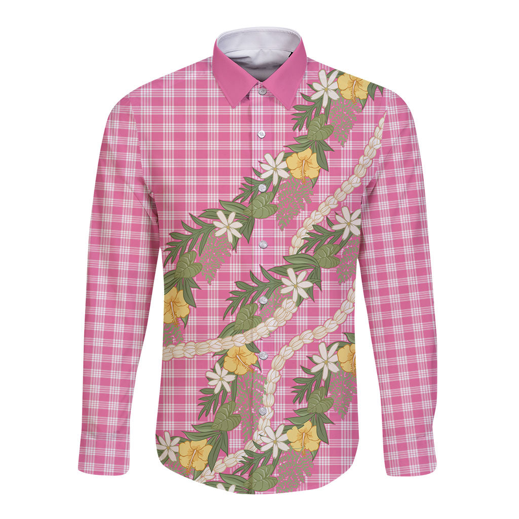 Aloha Puakenikeni Anthurium Pikake Lei Long Sleeve Button Shirt Tropical Pink Hawaiian Palaka Pattern LT9 Unisex Pink - Polynesian Pride