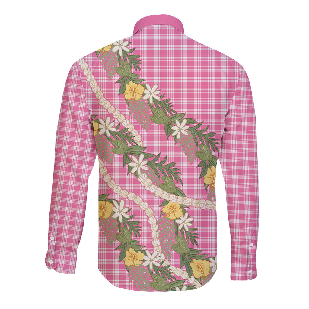 Aloha Puakenikeni Anthurium Pikake Lei Long Sleeve Button Shirt Tropical Pink Hawaiian Palaka Pattern