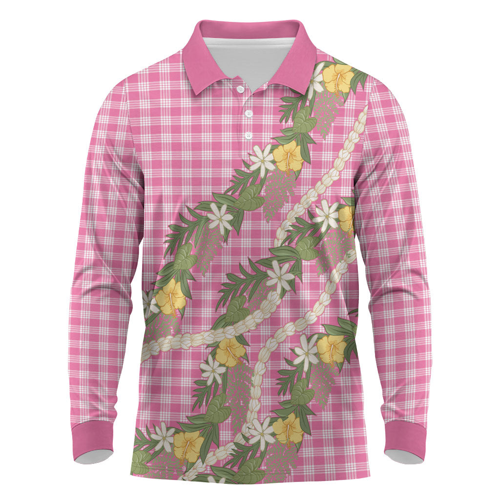 Aloha Puakenikeni Anthurium Pikake Lei Long Sleeve Polo Shirt Tropical Pink Hawaiian Palaka Pattern LT9 Pink - Polynesian Pride