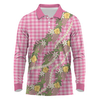 Aloha Puakenikeni Anthurium Pikake Lei Long Sleeve Polo Shirt Tropical Pink Hawaiian Palaka Pattern LT9 Pink - Polynesian Pride