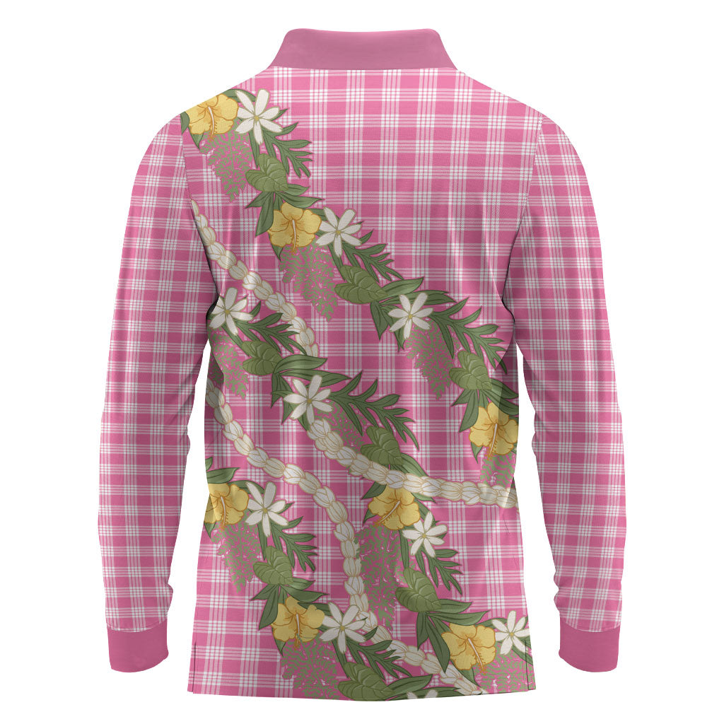 Aloha Puakenikeni Anthurium Pikake Lei Long Sleeve Polo Shirt Tropical Pink Hawaiian Palaka Pattern LT9 - Polynesian Pride