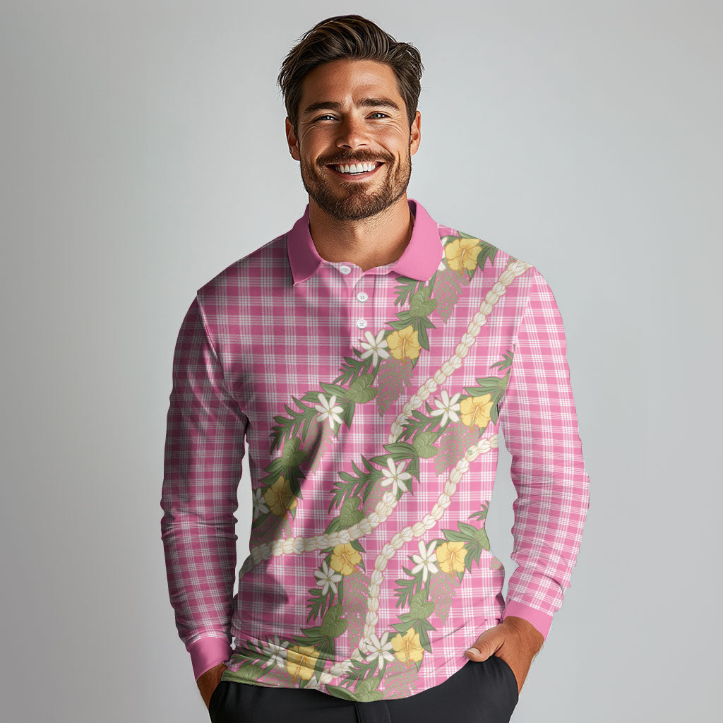 Aloha Puakenikeni Anthurium Pikake Lei Long Sleeve Polo Shirt Tropical Pink Hawaiian Palaka Pattern LT9 - Polynesian Pride
