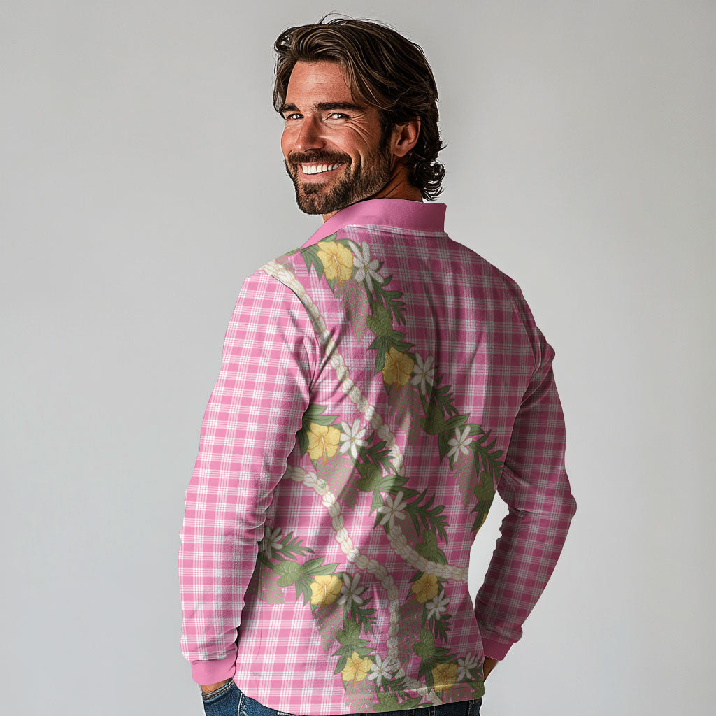 Aloha Puakenikeni Anthurium Pikake Lei Long Sleeve Polo Shirt Tropical Pink Hawaiian Palaka Pattern LT9 - Polynesian Pride
