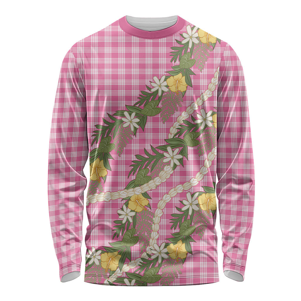 Aloha Puakenikeni Anthurium Pikake Lei Long Sleeve Shirt Tropical Pink Hawaiian Palaka Pattern LT9 Unisex Pink - Polynesian Pride