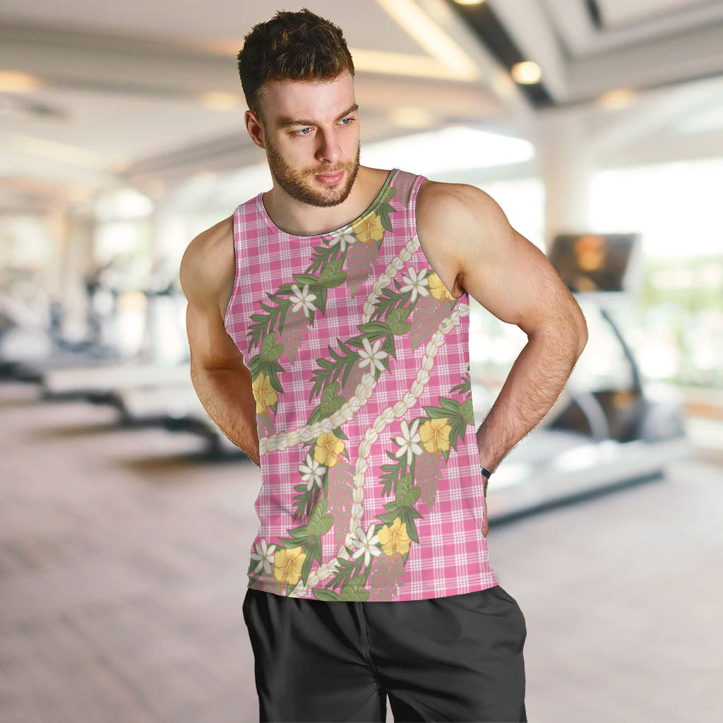 Aloha Puakenikeni Anthurium Pikake Lei Men Tank Top Tropical Pink Hawaiian Palaka Pattern LT9 Pink - Polynesian Pride