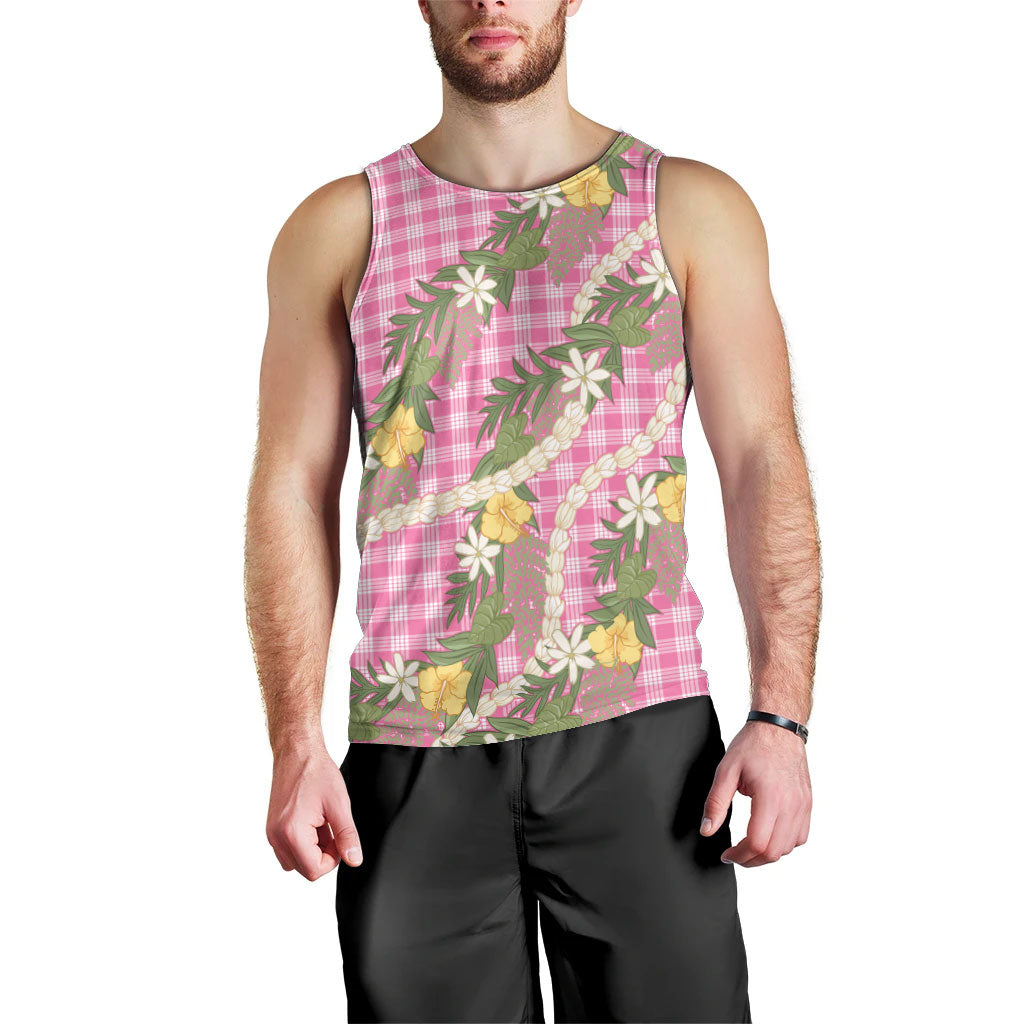 Aloha Puakenikeni Anthurium Pikake Lei Men Tank Top Tropical Pink Hawaiian Palaka Pattern LT9 - Polynesian Pride