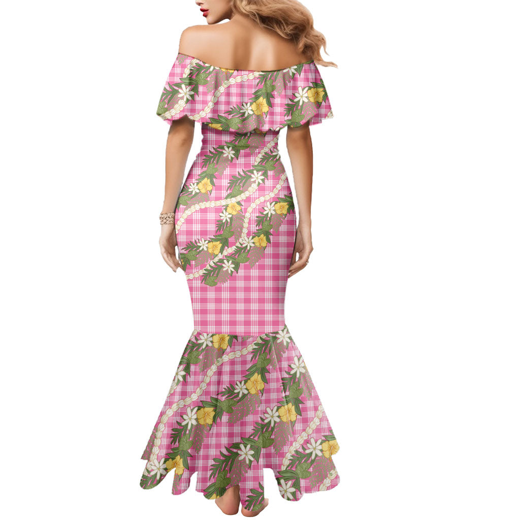 Aloha Puakenikeni Anthurium Pikake Lei Mermaid Dress Tropical Pink Hawaiian Palaka Pattern