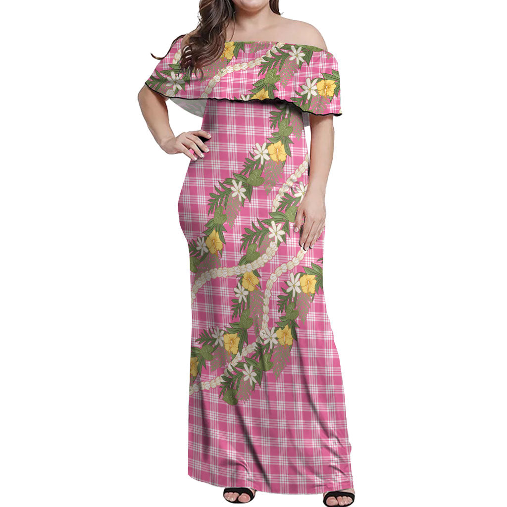 Aloha Puakenikeni Anthurium Pikake Lei Off Shoulder Maxi Dress Tropical Pink Hawaiian Palaka Pattern LT9 Women Pink - Polynesian Pride