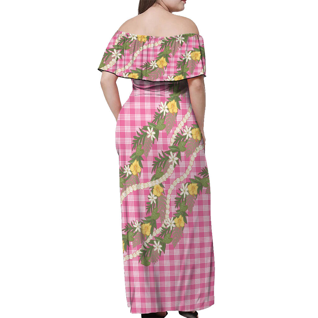Aloha Puakenikeni Anthurium Pikake Lei Off Shoulder Maxi Dress Tropical Pink Hawaiian Palaka Pattern LT9 - Polynesian Pride