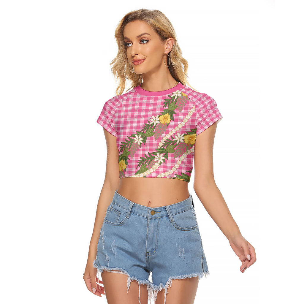 Aloha Puakenikeni Anthurium Pikake Lei Raglan Cropped T Shirt Tropical Pink Hawaiian Palaka Pattern LT9 Female Pink - Polynesian Pride