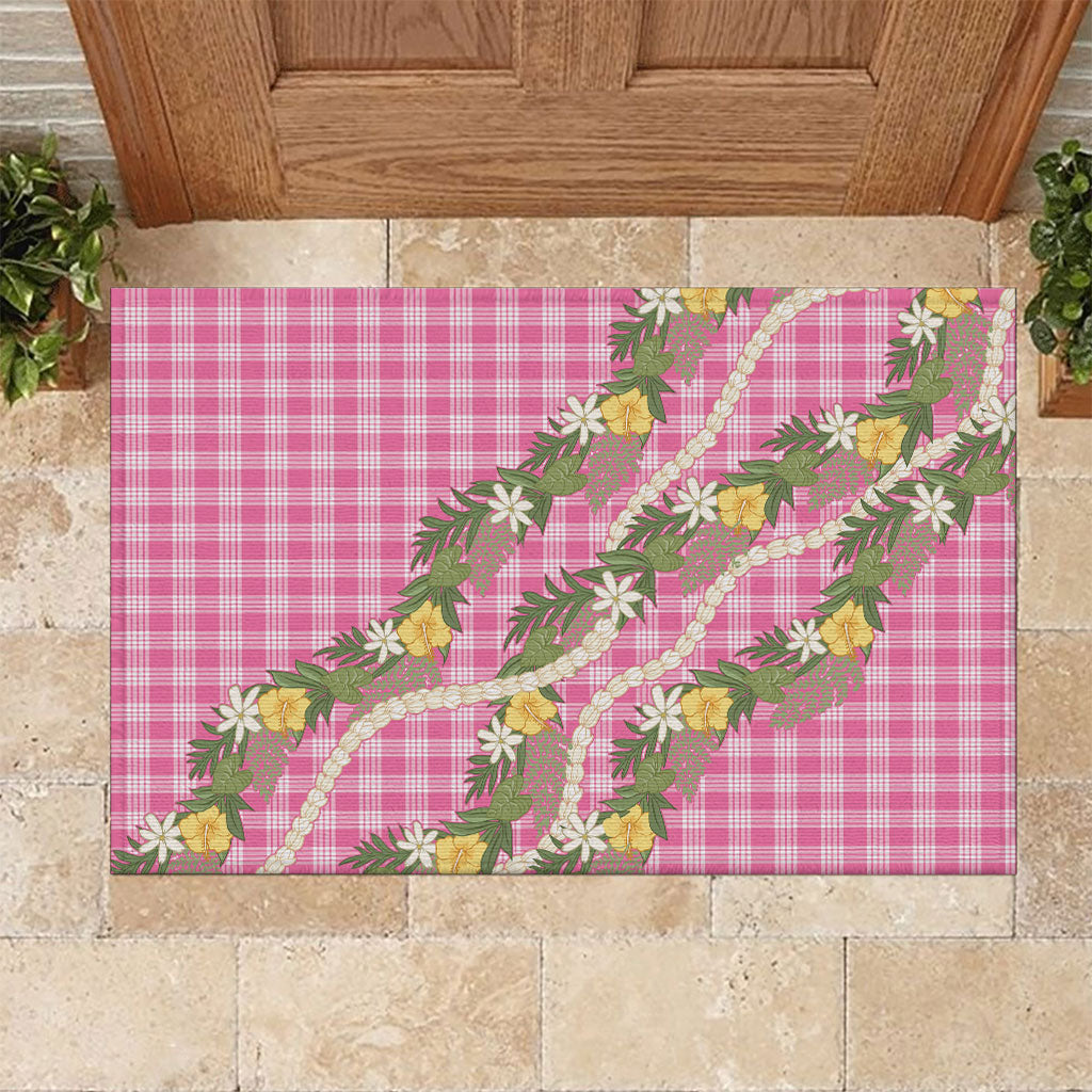 Aloha Puakenikeni Anthurium Pikake Lei Rubber Doormat Tropical Pink Hawaiian Palaka Pattern