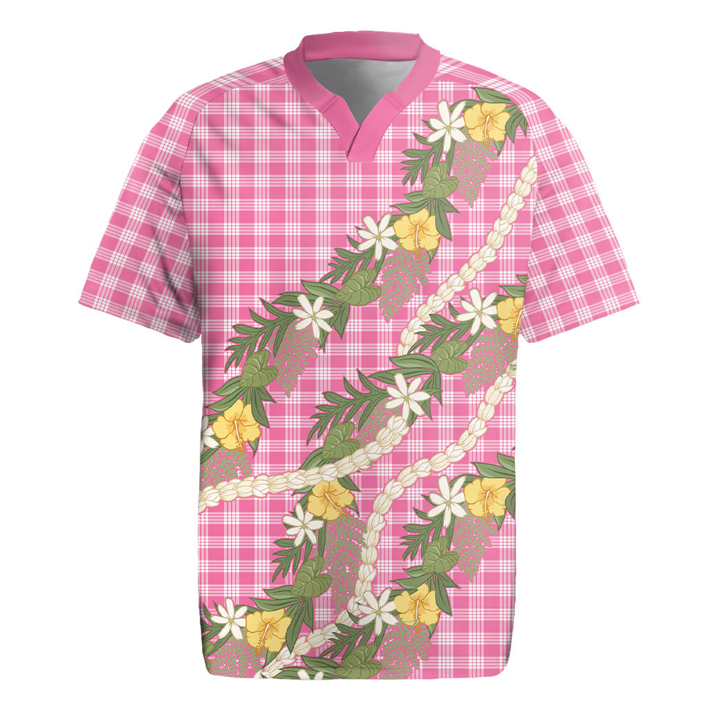 Aloha Puakenikeni Anthurium Pikake Lei Rugby Jersey Tropical Pink Hawaiian Palaka Pattern LT9 Pink - Polynesian Pride