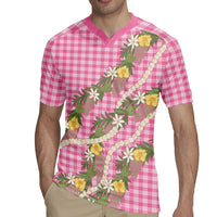 Aloha Puakenikeni Anthurium Pikake Lei Rugby Jersey Tropical Pink Hawaiian Palaka Pattern
