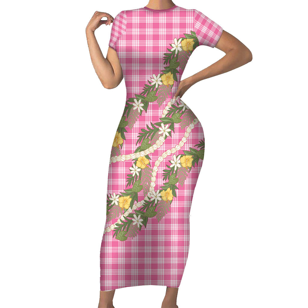 Aloha Puakenikeni Anthurium Pikake Lei Short Sleeve Bodycon Dress Tropical Pink Hawaiian Palaka Pattern