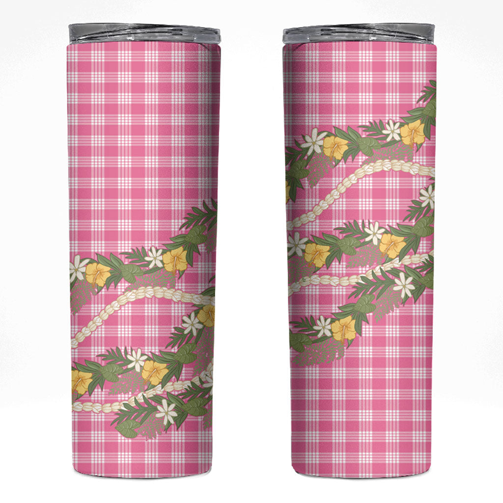 Aloha Puakenikeni Anthurium Pikake Lei Skinny Tumbler Tropical Pink Hawaiian Palaka Pattern LT9 Pink - Polynesian Pride
