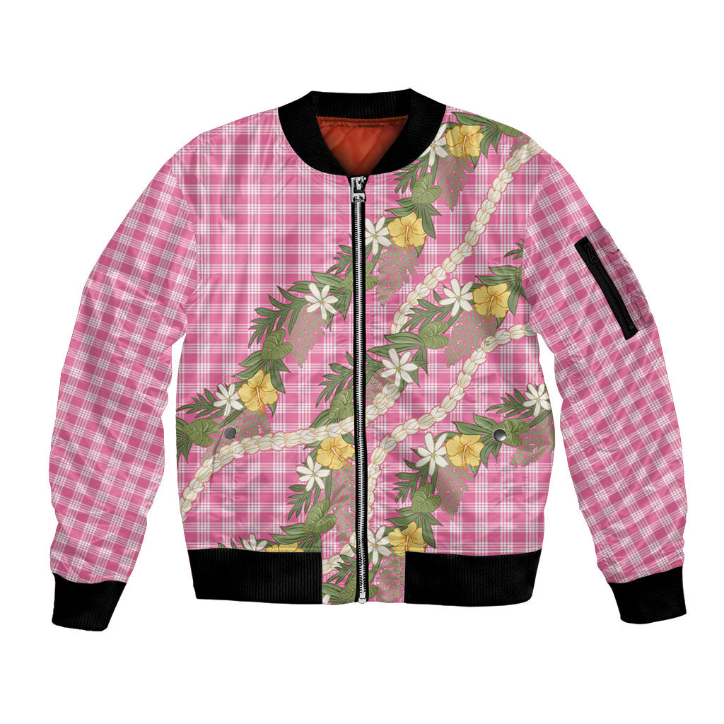 Aloha Puakenikeni Anthurium Pikake Lei Sleeve Zip Bomber Jacket Tropical Pink Hawaiian Palaka Pattern LT9 Unisex Pink - Polynesian Pride
