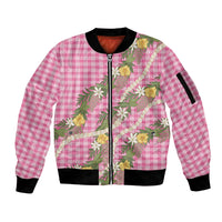 Aloha Puakenikeni Anthurium Pikake Lei Sleeve Zip Bomber Jacket Tropical Pink Hawaiian Palaka Pattern