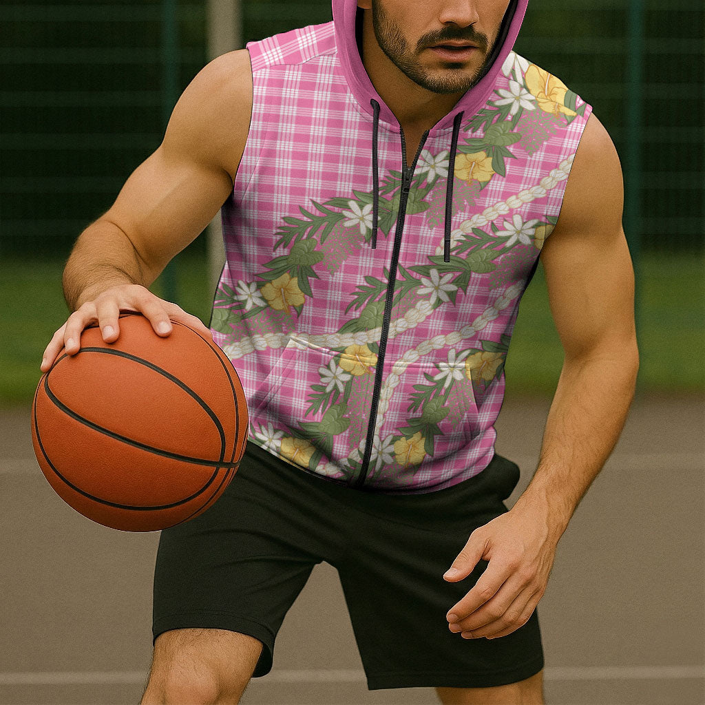 Aloha Puakenikeni Anthurium Pikake Lei Sleeveless Zip Hoodie Tropical Pink Hawaiian Palaka Pattern