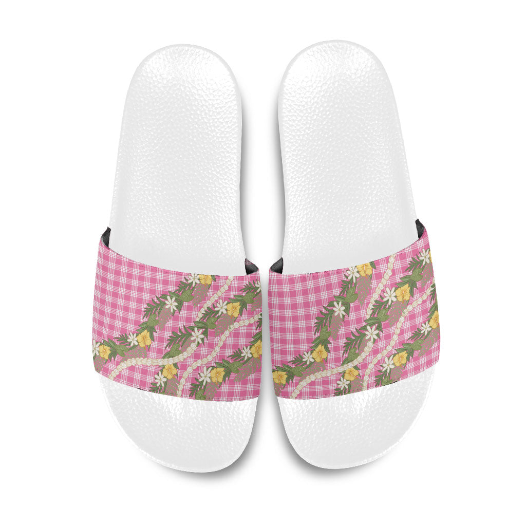 Aloha Puakenikeni Anthurium Pikake Lei Slide Sandals Tropical Pink Hawaiian Palaka Pattern