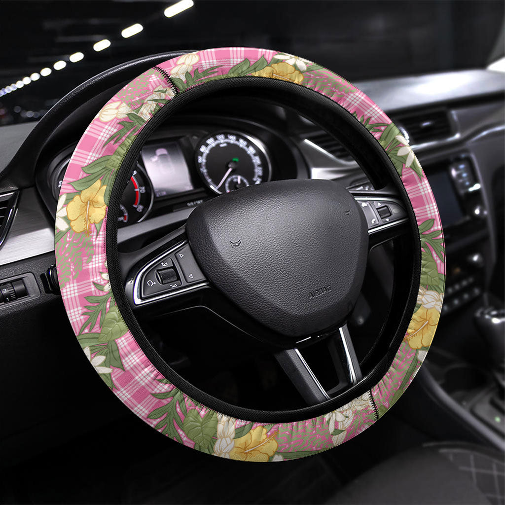 Aloha Puakenikeni Anthurium Pikake Lei Steering Wheel Cover Tropical Pink Hawaiian Palaka Pattern LT9 Universal Fit Pink - Polynesian Pride