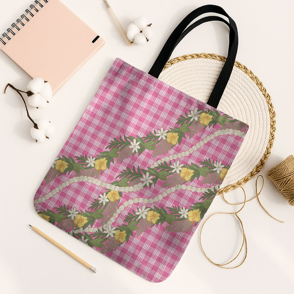 Aloha Puakenikeni Anthurium Pikake Lei Tote Bag Tropical Pink Hawaiian Palaka Pattern LT9 Black Strap One Size Pink - Polynesian Pride