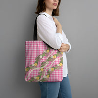 Aloha Puakenikeni Anthurium Pikake Lei Tote Bag Tropical Pink Hawaiian Palaka Pattern