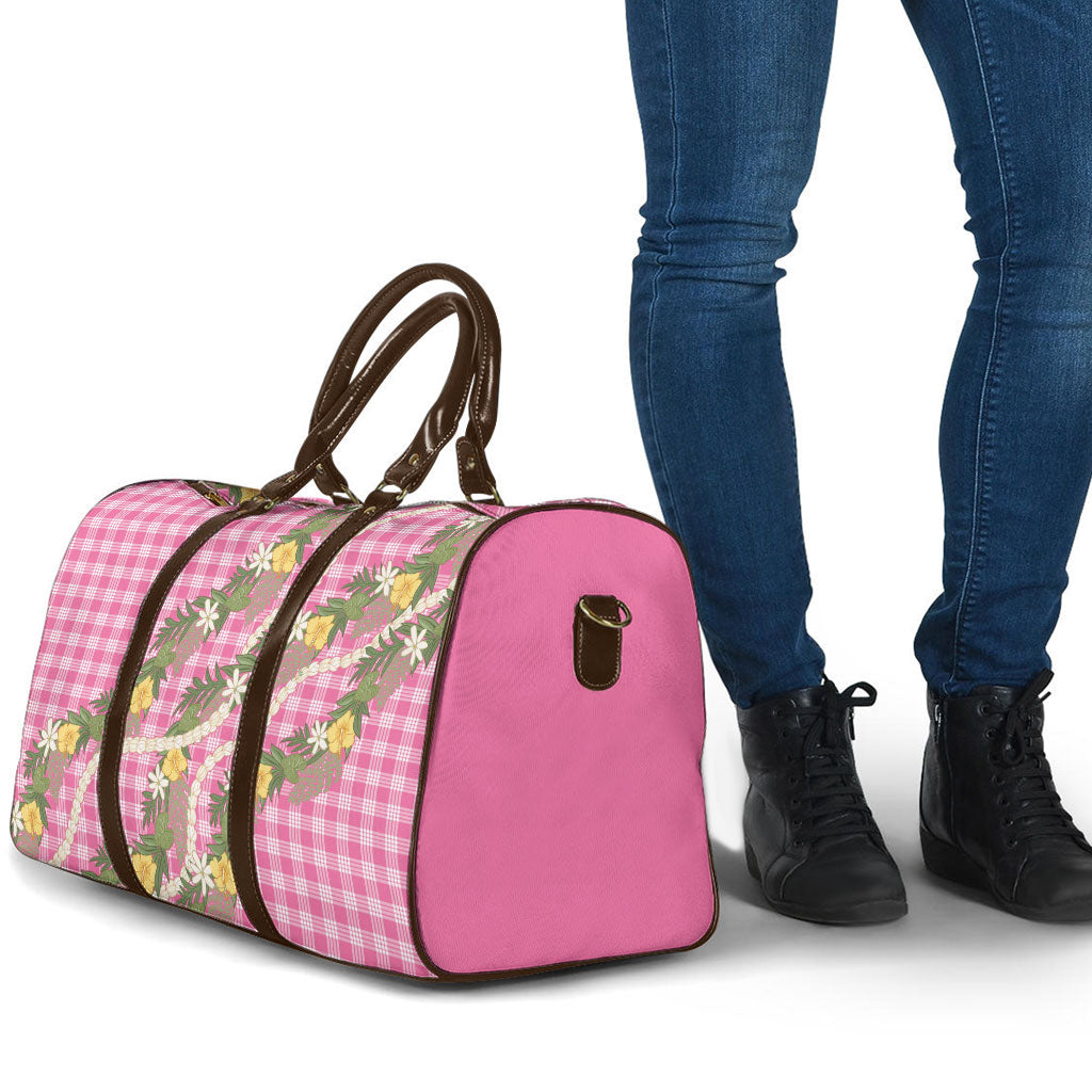 Aloha Puakenikeni Anthurium Pikake Lei Travel Bag Tropical Pink Hawaiian Palaka Pattern