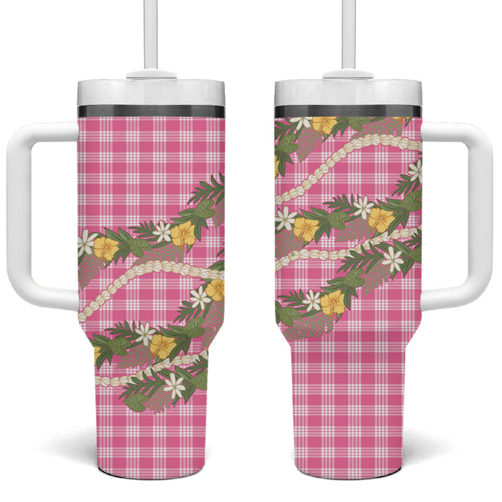 Aloha Puakenikeni Anthurium Pikake Lei Tumbler With Handle Tropical Pink Hawaiian Palaka Pattern LT9 One Size: 40 oz Pink - Polynesian Pride