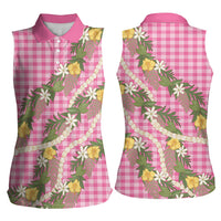 Aloha Puakenikeni Anthurium Pikake Lei Women Sleeveless Polo Shirt Tropical Pink Hawaiian Palaka Pattern