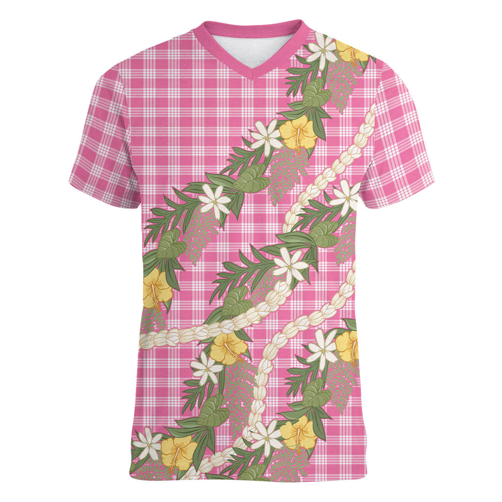 Aloha Puakenikeni Anthurium Pikake Lei Women V-Neck T-Shirt Tropical Pink Hawaiian Palaka Pattern LT9 Female Pink - Polynesian Pride
