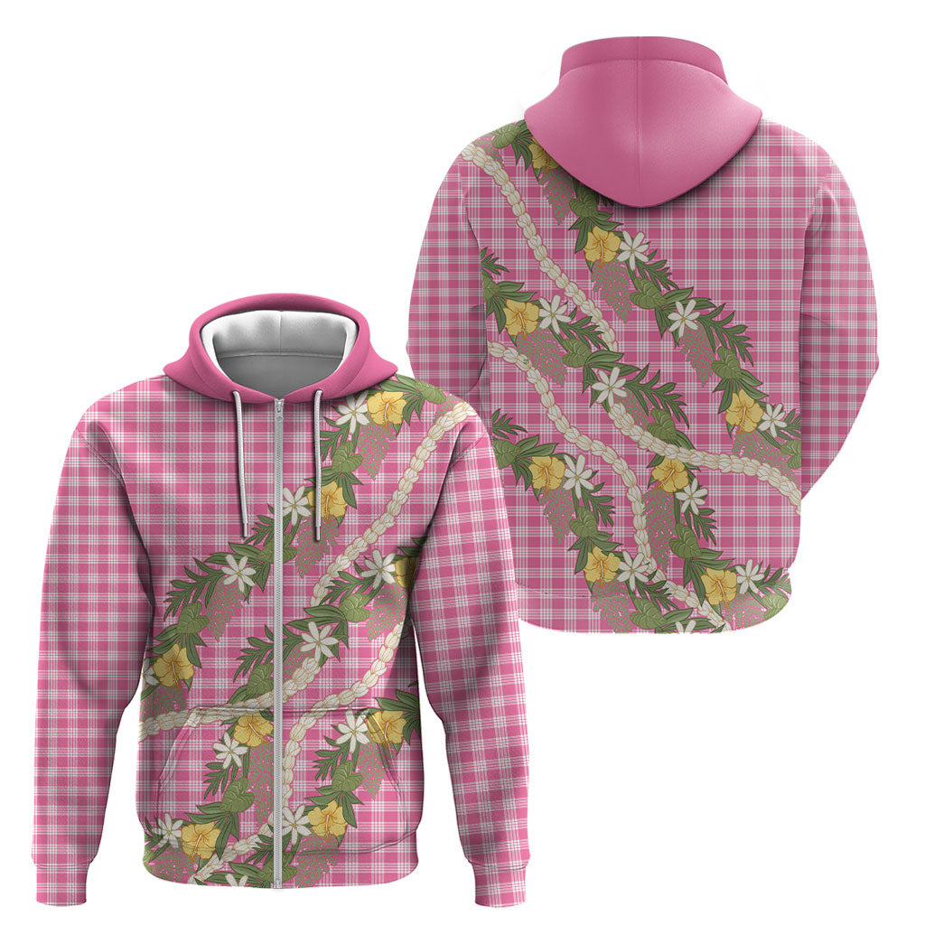 Aloha Puakenikeni Anthurium Pikake Lei Zip Hoodie Tropical Pink Hawaiian Palaka Pattern LT9 - Polynesian Pride