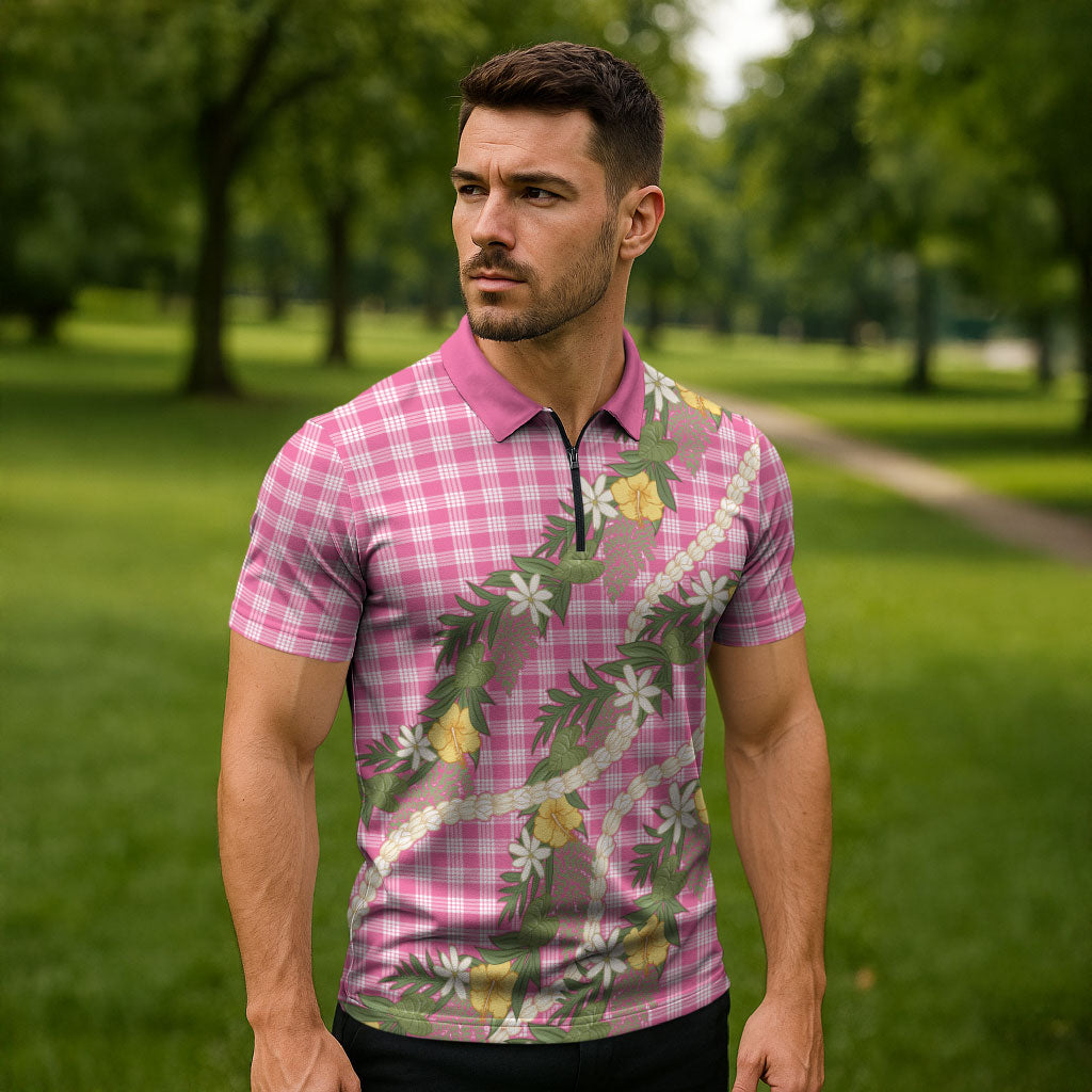 Aloha Puakenikeni Anthurium Pikake Lei Zipper Polo Shirt Tropical Pink Hawaiian Palaka Pattern