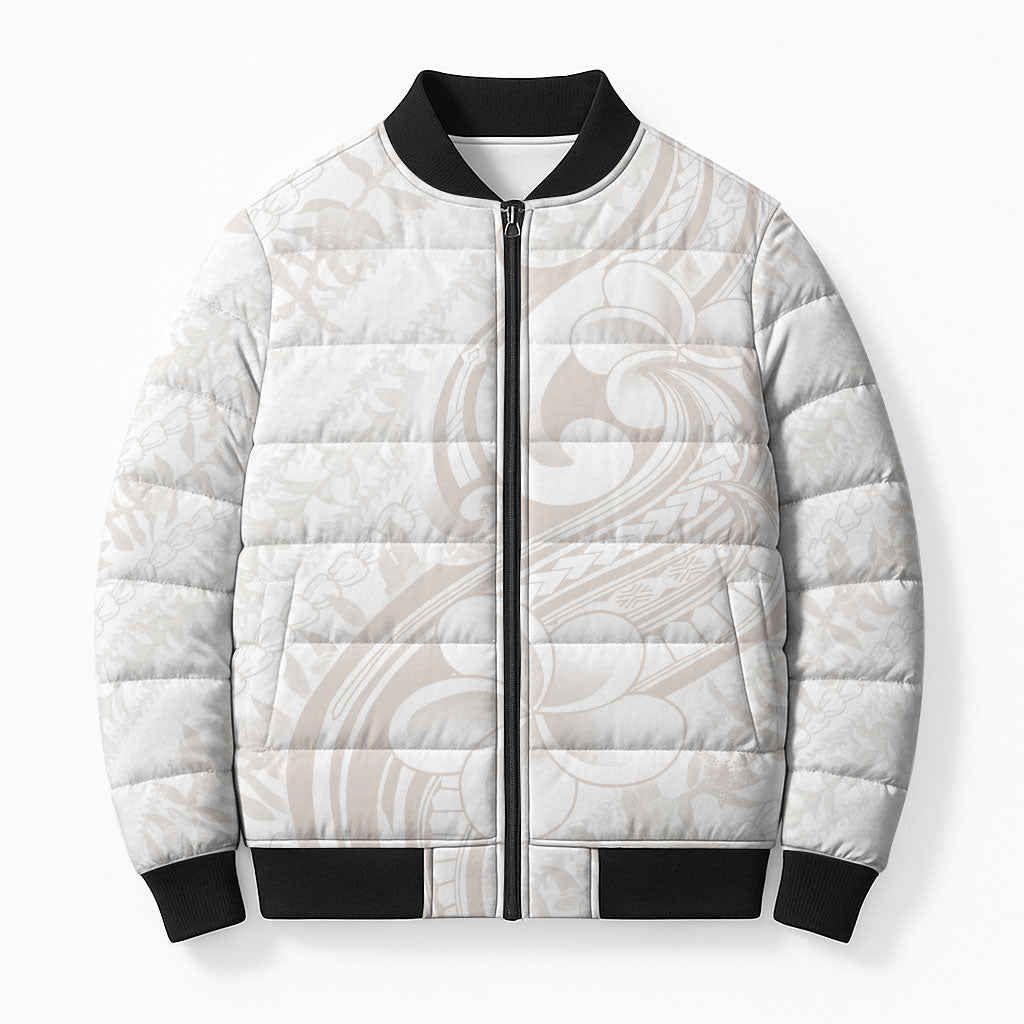 Hawaii Plumeria Lokelani Pikake Lei Bomber Puffer Jacket Sandy Beige Polynesian Tattoo LT9 Unisex Beige - Polynesian Pride