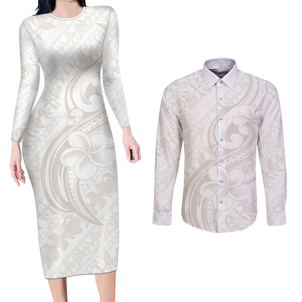 Hawaii Plumeria Lokelani Pikake Lei Couples Matching Long Sleeve Bodycon Dress and Long Sleeve Button Shirt Sandy Beige Polynesian Tattoo