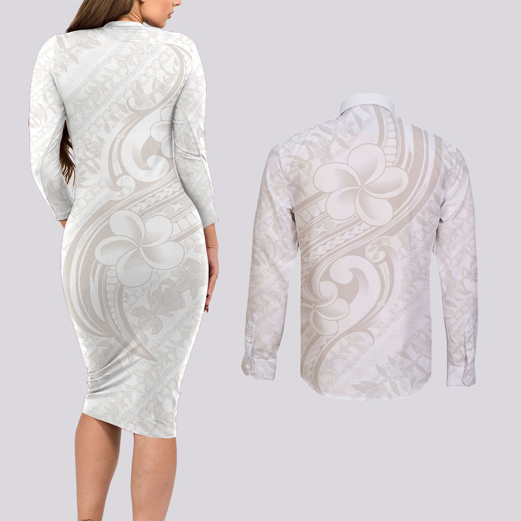 Hawaii Plumeria Lokelani Pikake Lei Couples Matching Long Sleeve Bodycon Dress and Long Sleeve Button Shirt Sandy Beige Polynesian Tattoo