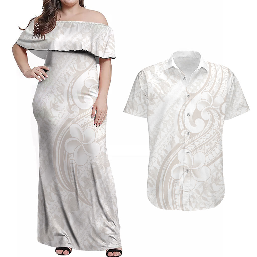 Hawaii Plumeria Lokelani Pikake Lei Couples Matching Off Shoulder Maxi Dress and Hawaiian Shirt Sandy Beige Polynesian Tattoo