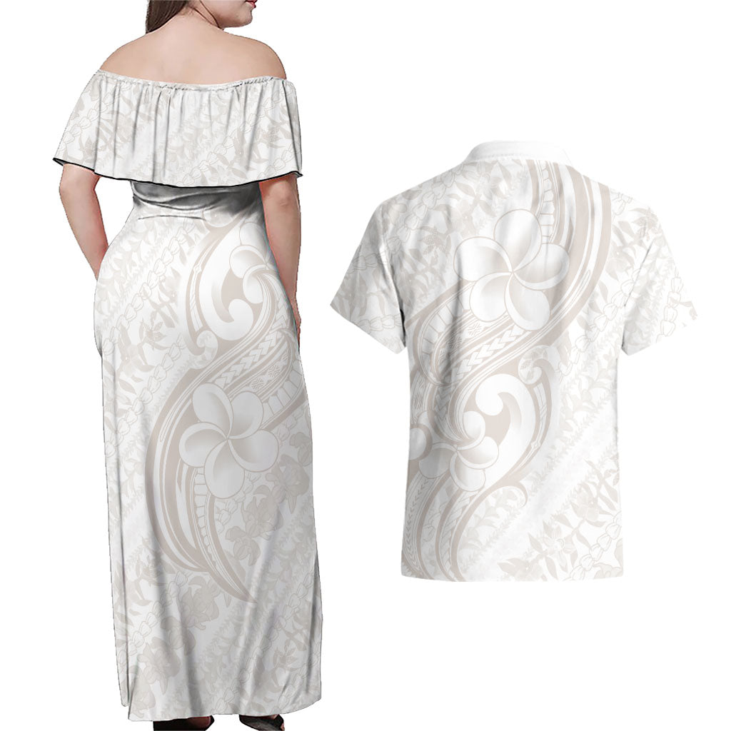 Hawaii Plumeria Lokelani Pikake Lei Couples Matching Off Shoulder Maxi Dress and Hawaiian Shirt Sandy Beige Polynesian Tattoo