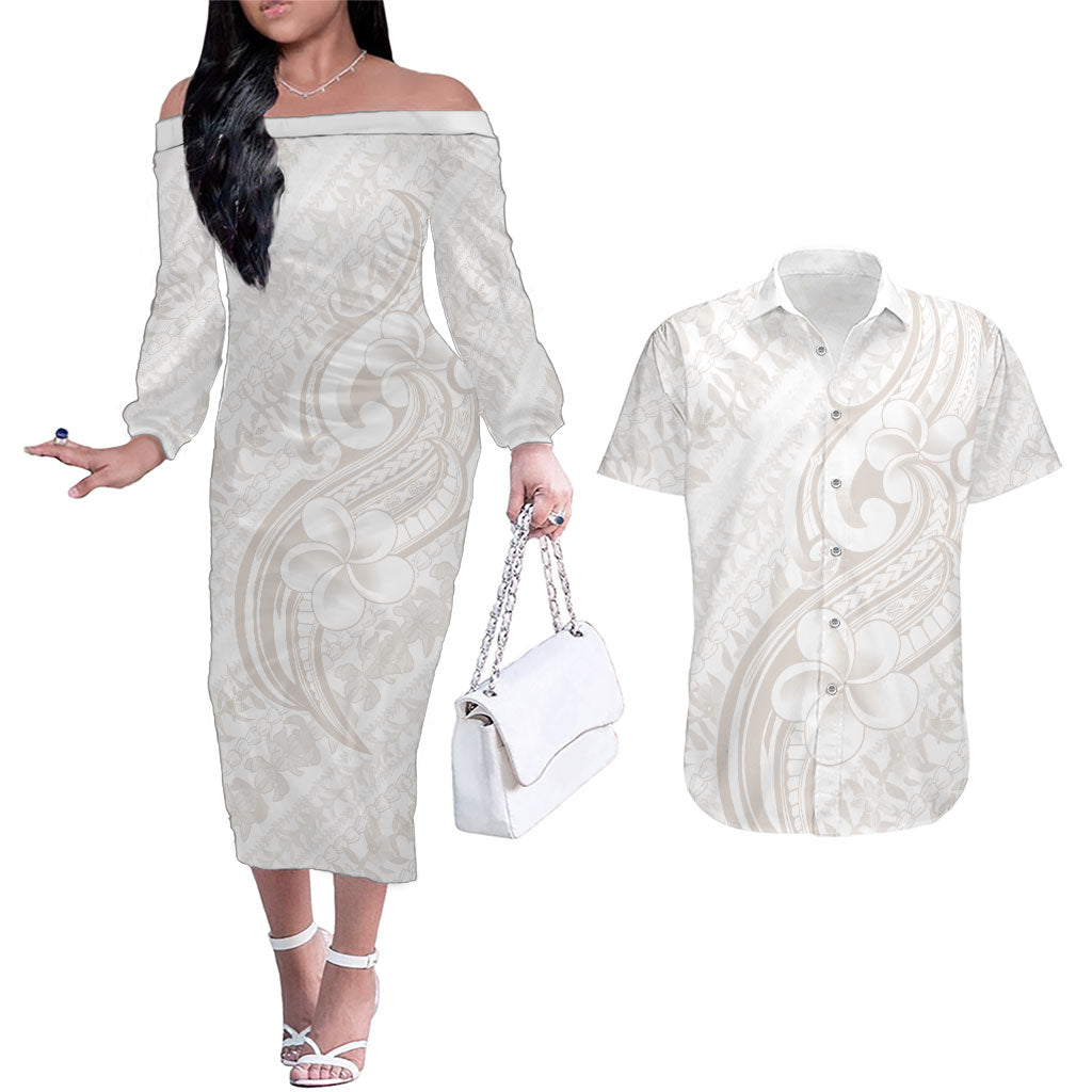 Hawaii Plumeria Lokelani Pikake Lei Couples Matching Off The Shoulder Long Sleeve Dress and Hawaiian Shirt Sandy Beige Polynesian Tattoo