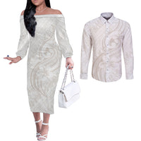 Hawaii Plumeria Lokelani Pikake Lei Couples Matching Off The Shoulder Long Sleeve Dress and Long Sleeve Button Shirt Sandy Beige Polynesian Tattoo