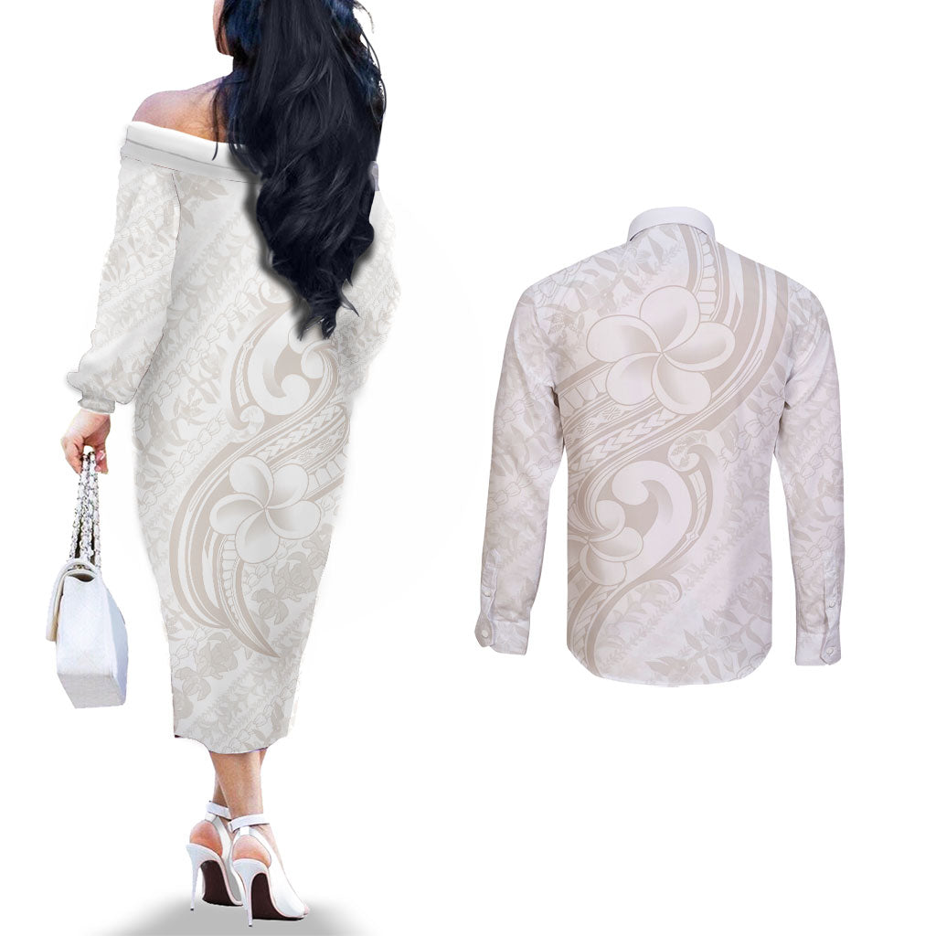 Hawaii Plumeria Lokelani Pikake Lei Couples Matching Off The Shoulder Long Sleeve Dress and Long Sleeve Button Shirt Sandy Beige Polynesian Tattoo