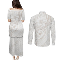 Hawaii Plumeria Lokelani Pikake Lei Couples Matching Puletasi and Long Sleeve Button Shirt Sandy Beige Polynesian Tattoo