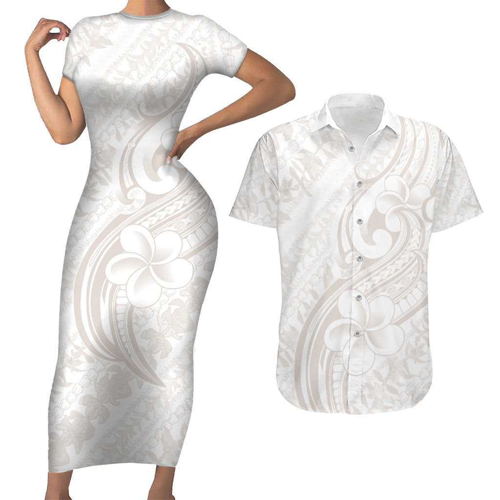 Hawaii Plumeria Lokelani Pikake Lei Couples Matching Short Sleeve Bodycon Dress and Hawaiian Shirt Sandy Beige Polynesian Tattoo