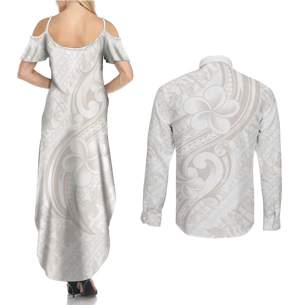 Hawaii Plumeria Lokelani Pikake Lei Couples Matching Summer Maxi Dress and Long Sleeve Button Shirt Sandy Beige Polynesian Tattoo