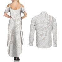 Hawaii Plumeria Lokelani Pikake Lei Couples Matching Summer Maxi Dress and Long Sleeve Button Shirt Sandy Beige Polynesian Tattoo