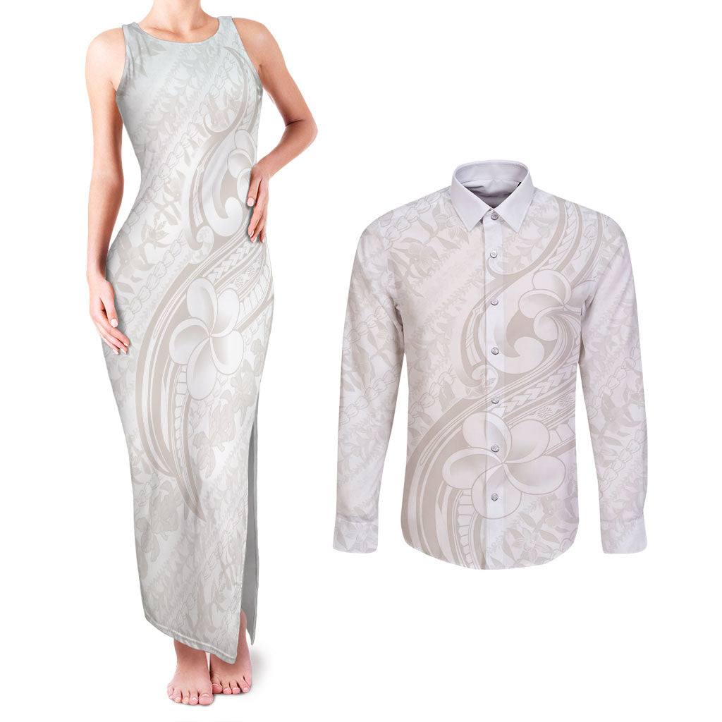 Hawaii Plumeria Lokelani Pikake Lei Couples Matching Tank Maxi Dress and Long Sleeve Button Shirt Sandy Beige Polynesian Tattoo LT9 Beige - Polynesian Pride