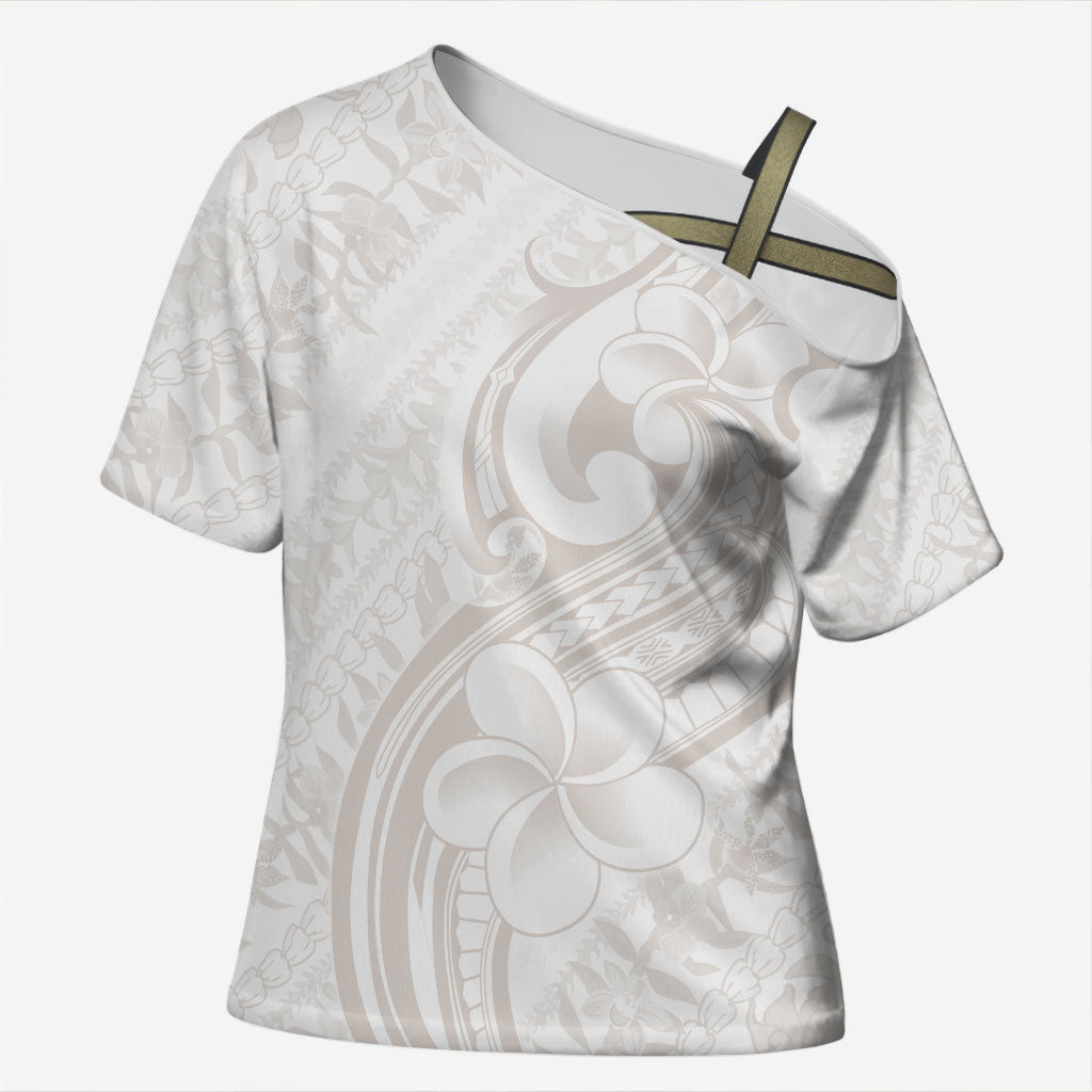 Hawaii Plumeria Lokelani Pikake Lei Cross Shoulder Shirt Sandy Beige Polynesian Tattoo LT9 Female Beige - Polynesian Pride