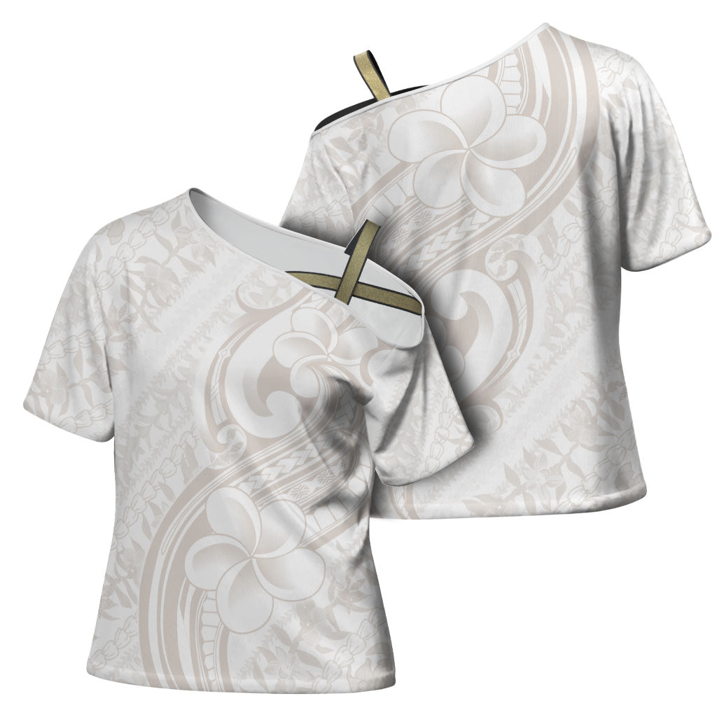Hawaii Plumeria Lokelani Pikake Lei Cross Shoulder Shirt Sandy Beige Polynesian Tattoo LT9 - Polynesian Pride