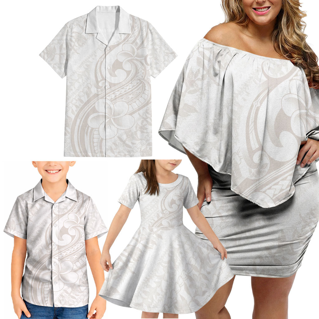 Hawaii Plumeria Lokelani Pikake Lei Family Matching Off Shoulder Short Dress and Hawaiian Shirt Sandy Beige Polynesian Tattoo LT9 - Polynesian Pride