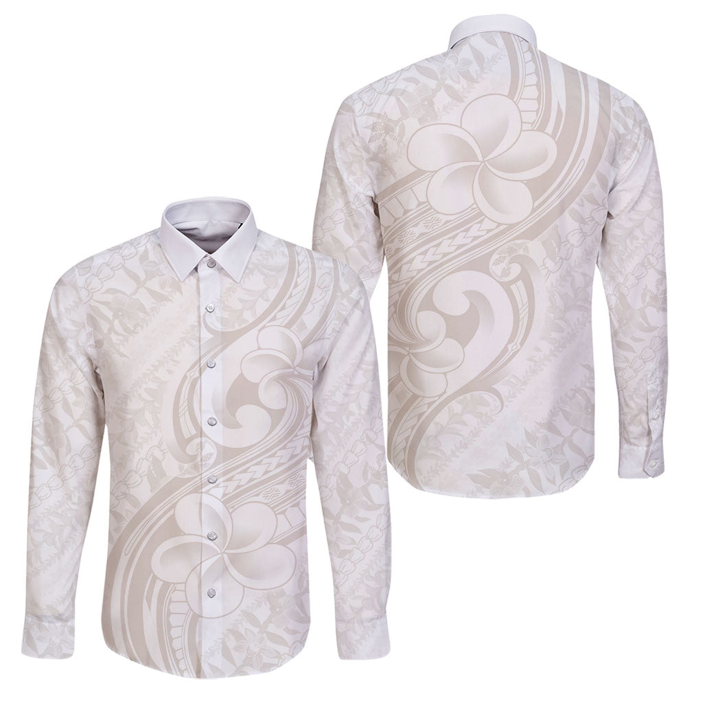 Hawaii Plumeria Lokelani Pikake Lei Family Matching Off Shoulder Short Dress and Hawaiian Shirt Sandy Beige Polynesian Tattoo LT9 Dad's Shirt - Long Sleeve Beige - Polynesian Pride
